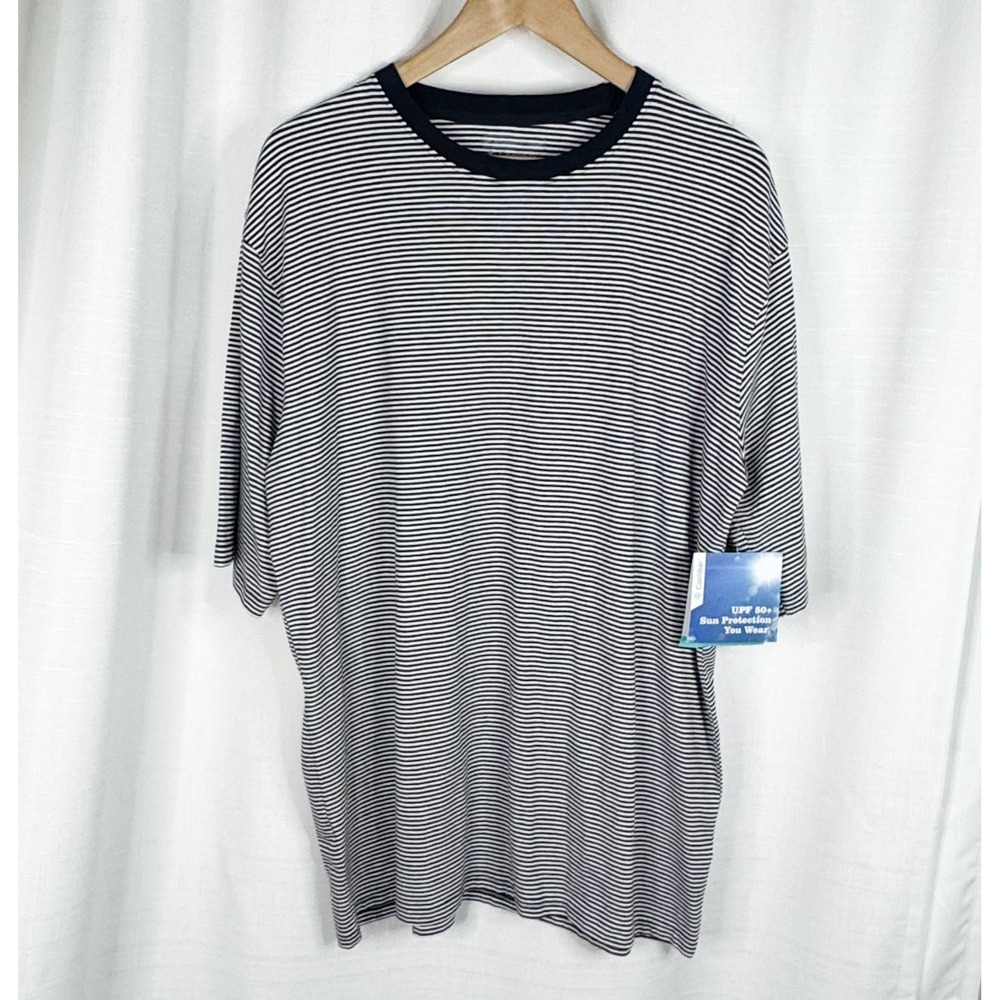 Coolibar Men's L Everyday T-Shirt UPF 50+ Navy White Stripe Bamboo NWT